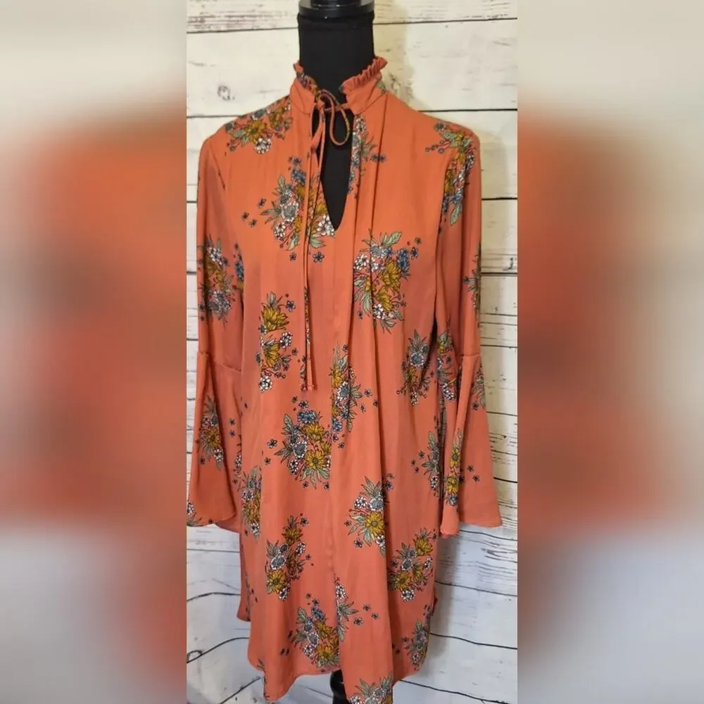 Wanderlux Floral Print Bohemiam Bell Sleeve Mini Dress Sz L #1498